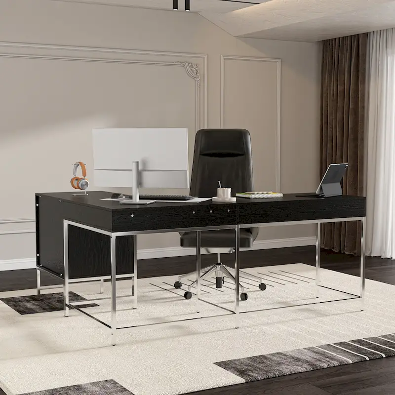 L-Shaped Black Wood Grain Office Desk with Drawers,Steel Frame, Modern Executive Workstation