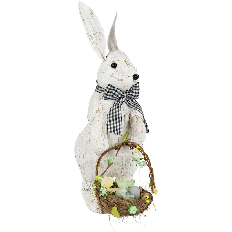 Rustic Rabbit with Easter Basket Standing Figure - 14  - Brushed White