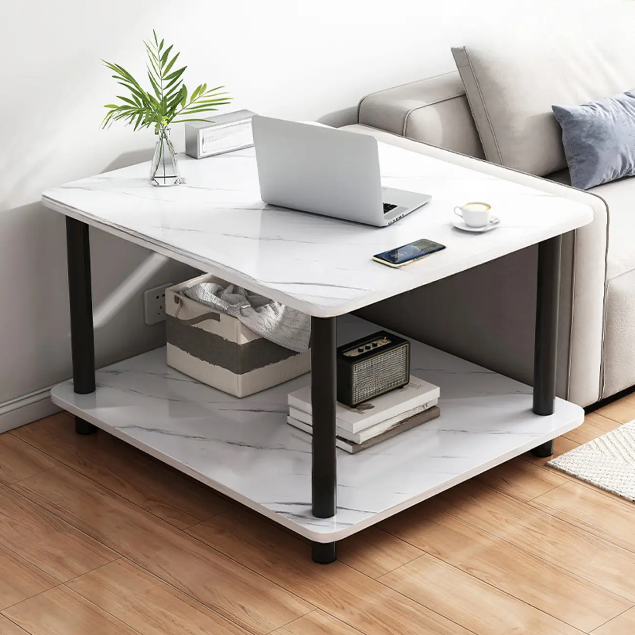 Square White Wood Side Table with Shelf