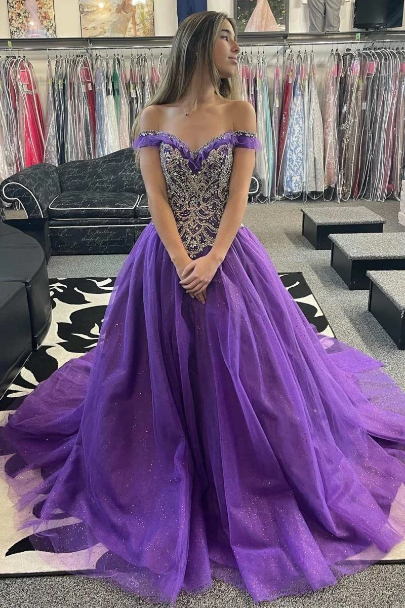 Quinceanera Dress Princess Purple Beaded Off-the-Shoulder Ball Gown