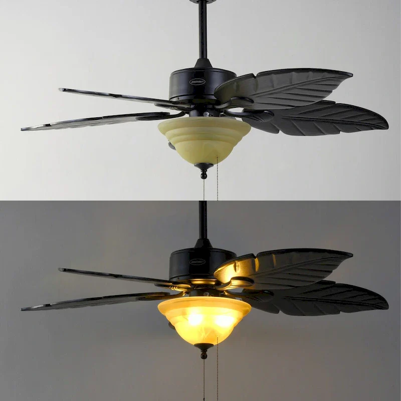 Owen 52  3-Light Coastal Bohemian Iron/Wood Palm Leaf LED Ceiling Fan with Pull Chain, by JONATHAN Y