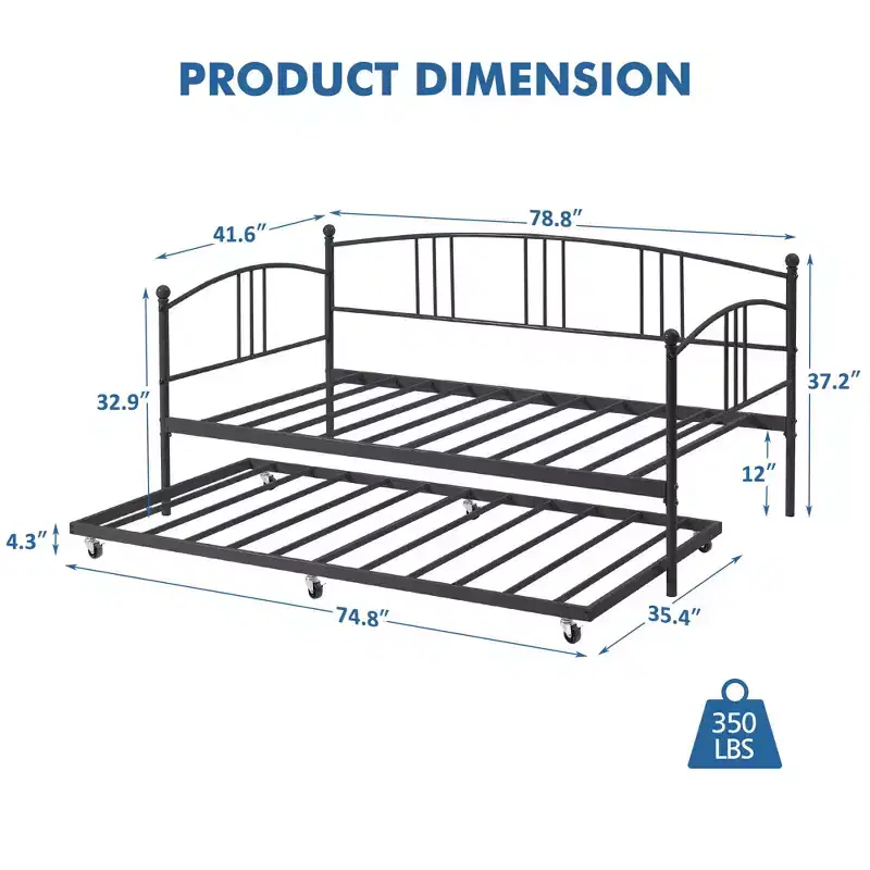 Twin Daybed with Trundle, Metal Frame Day Bed with Steel Slat Support, Arched Headboard, Versatile Sofa Bed for Bedroom, Living Room, or Guest Room
