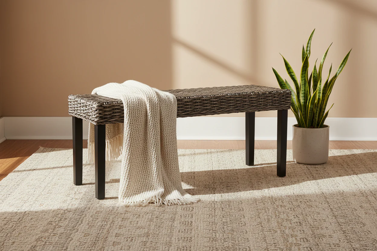 43.3 Black Natural Kubu Rattan and Solid Mango Wood Bench