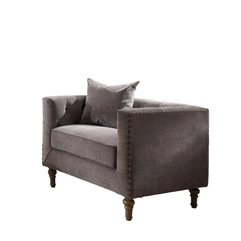 HomeRoots 41 Gray and Antiqued Brass Velvet Tufted Arm Chair And Toss Pillow - 41' X '31' X '34