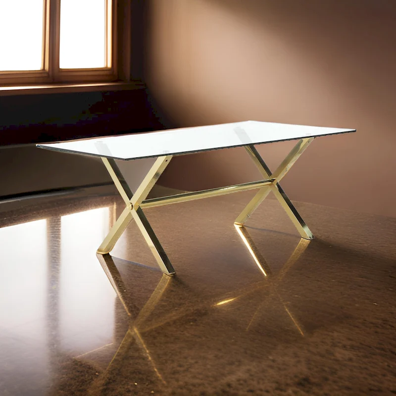 Tia 79 Inch Dining Table, Rectangular Tempered Glass Top, Gold, Clear