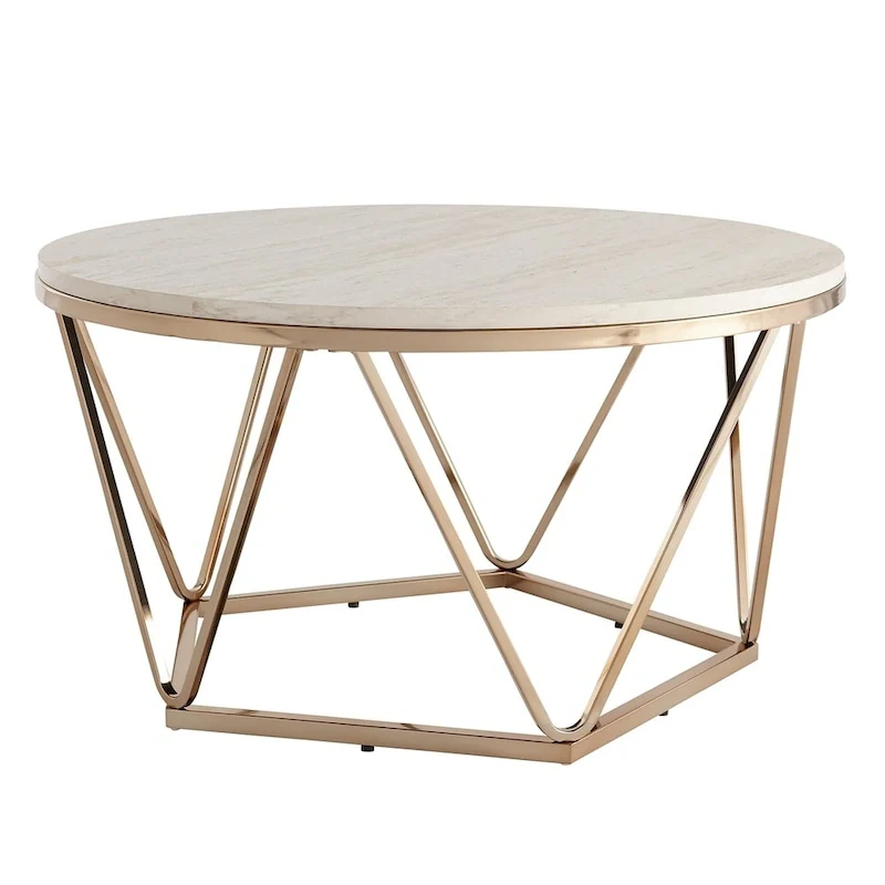 Modern Faux Marble Round Coffee Table with Gold Geometric Base