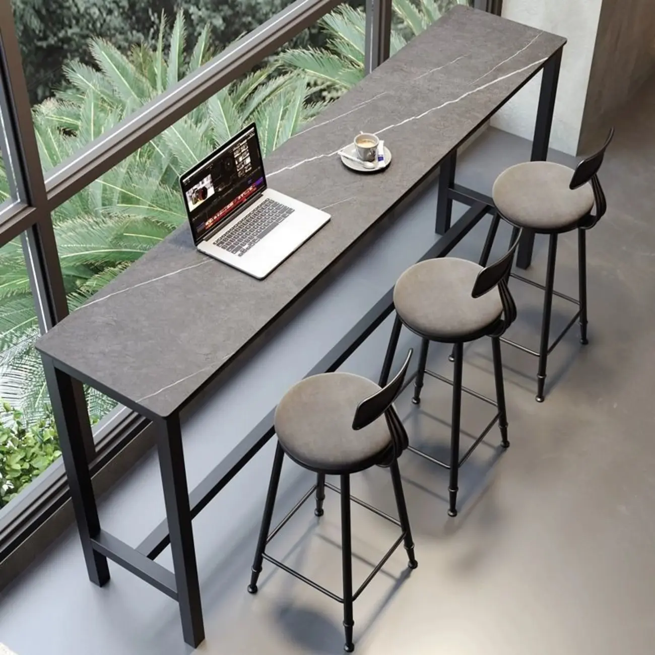 Modern Dove Grey Stone Top Steel Footrest Bar Tables