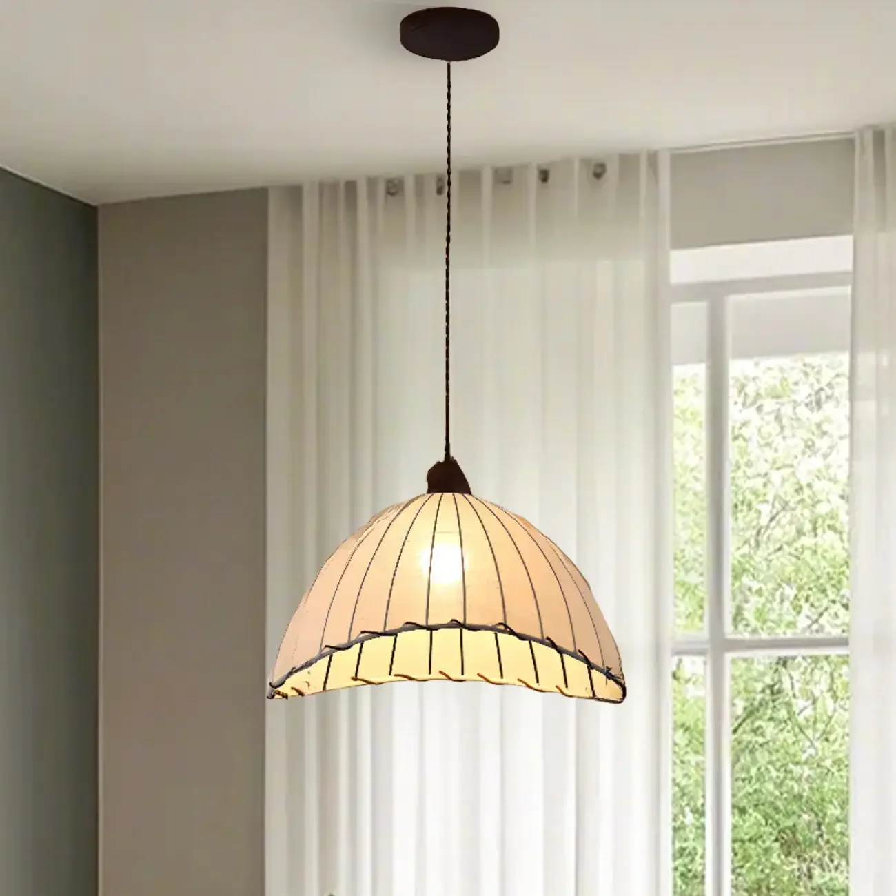 Dome-Shape White Fabric Rope Pendant Light Residential Use