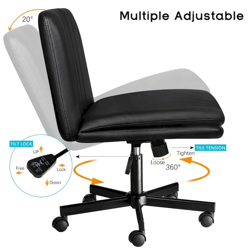 Cross Chair with Wheels,PU Leather Armless Cross Legged Office chair, Adjustable Wide Seat Task Vanity Chair