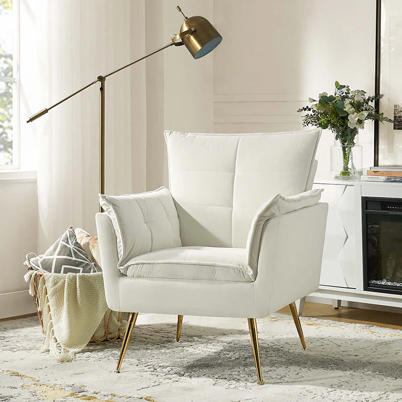 Velvet Tufted Armchair with Foam Fill, Armrests & Gold Metal Legs | Ivory / Navy / Teal / Sage / Green / Fuchsia | Single Seat