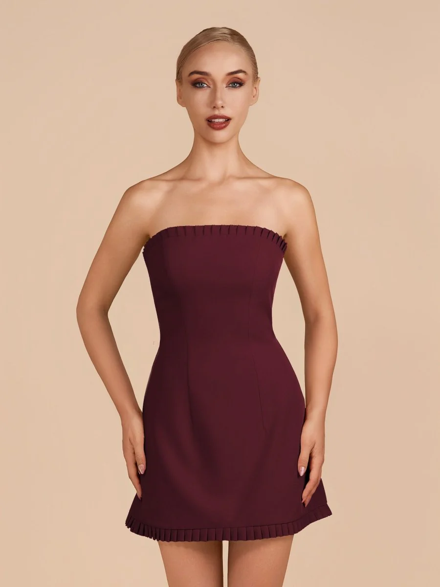 Burgundy - A-Line Strapless Ruffles Short Homecoming Dresses