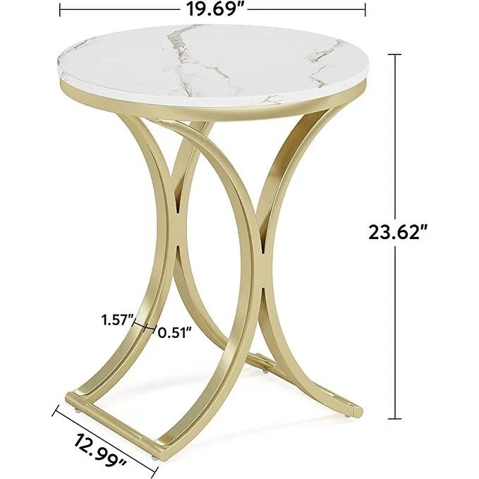 Round Side Table with Faux Marble Top and C-Shaped Metal Legs