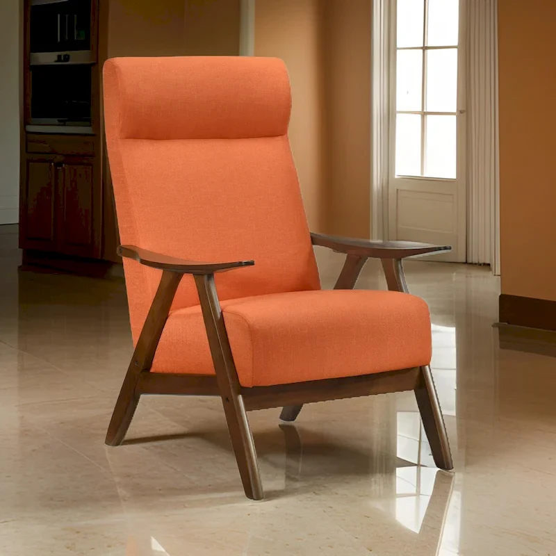 Mary 32 Inch Accent Chair Armchair, Orange Polyester Linen, Solid Wood