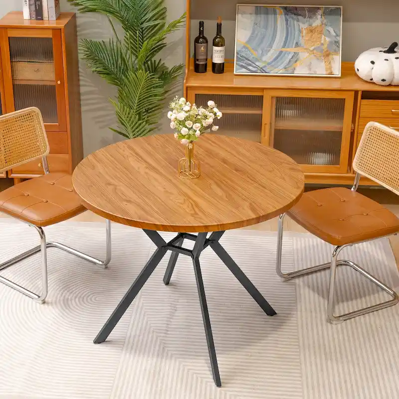 Grondin Modern Farmhouse Style 38.6 Round Dining Table with 1.18  Thick MDF Tabletop and Pedestal Cross Metal Legs