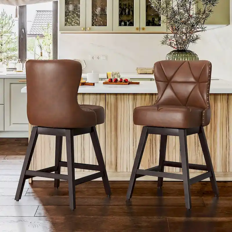 26 in. Modern Faux Leather/Fabric Upholstered Swivel Bar Stools with Wood Frame for kitchen Island(Set of 2)