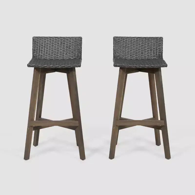 2pk La Brea Acacia Wood & Wicker Patio Barstools Gray - Christopher Knight Home