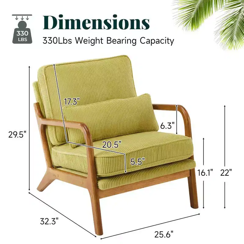 Karl Home 2Pcs Mid Century Solid Wood Accent Chair Upholstered Armchair with an Extra Pillow