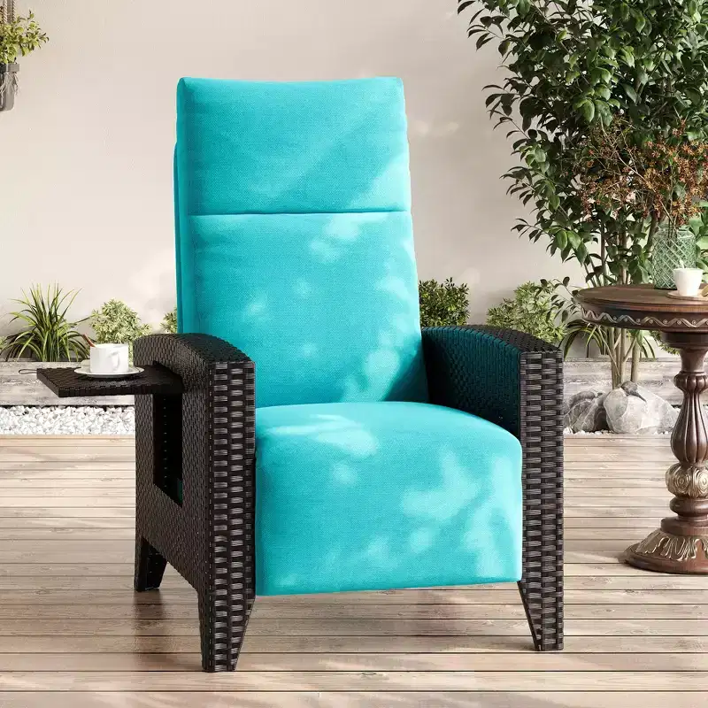 Acekool Wicker Outdoor Recliner Chair, 175 Degree Recline with Footrest, Flip Up Side Table, for Pool Deck Balcony
