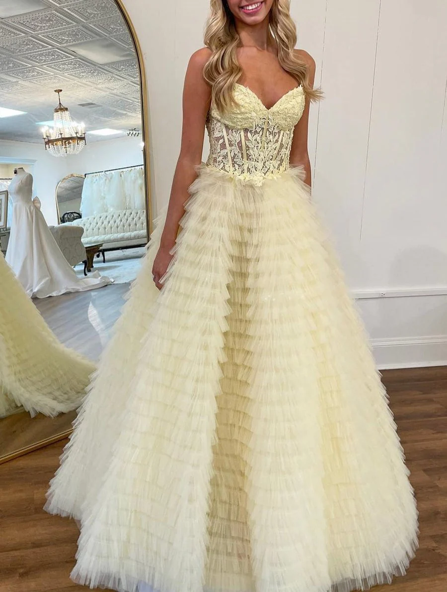 A-line Strapless Multi-Layers Tulle Prom Dress with Slit