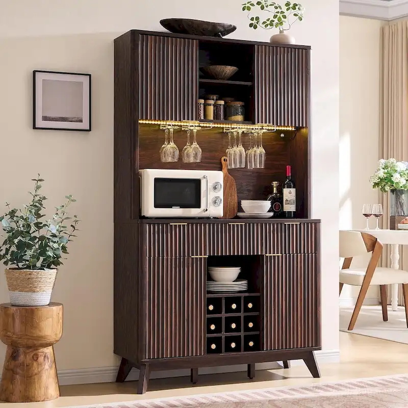 72 Wine Bar Cabinet, Modern Wood Coffee Bar Cabinet with LED Lights - N/A