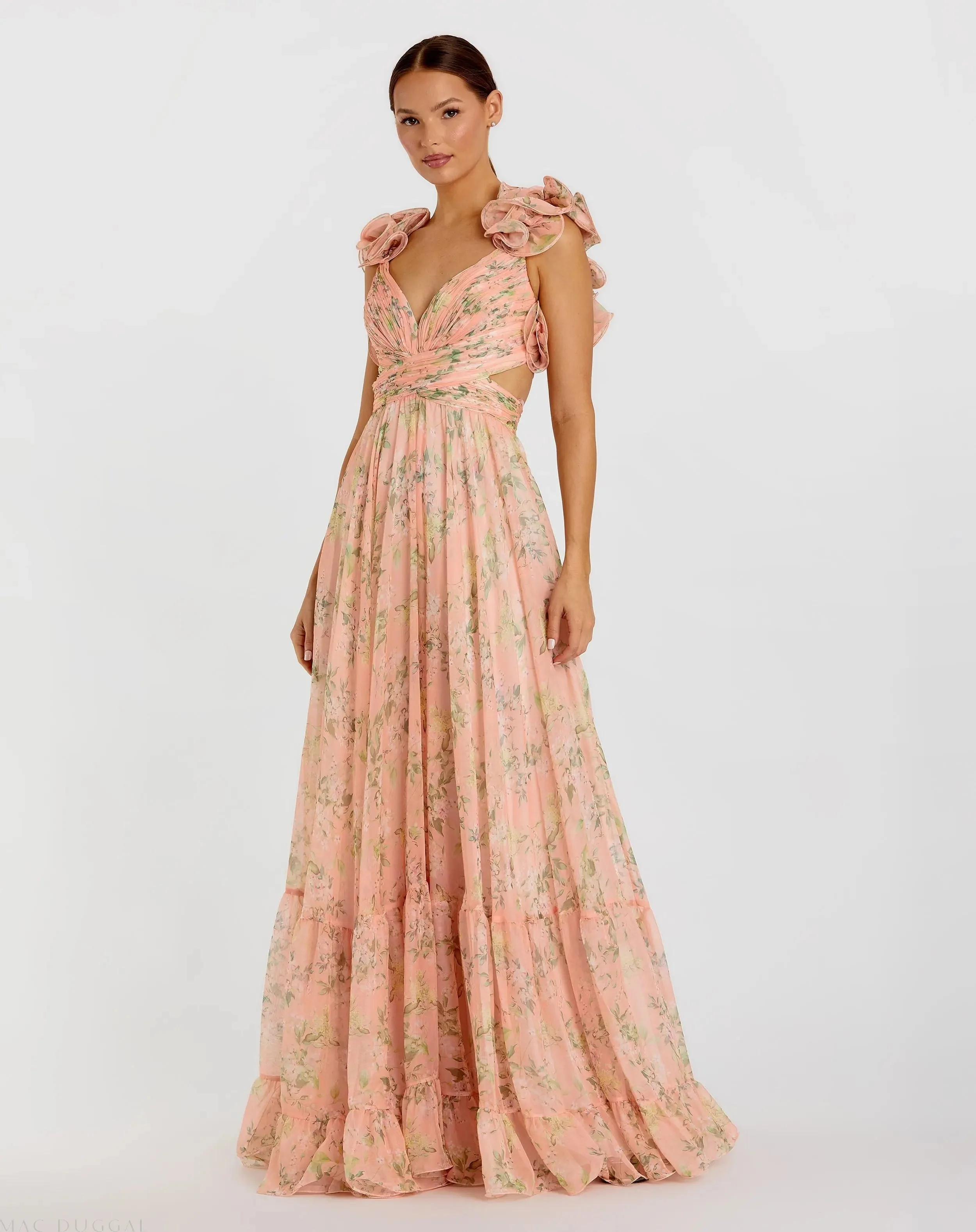 Ruffle Tiered Floral Cut-Out Chiffon Gown