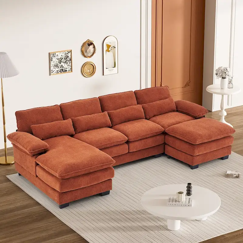 Soft Chenille Fabric U-Shaped Sectional Sofa with Double Layer Cushion