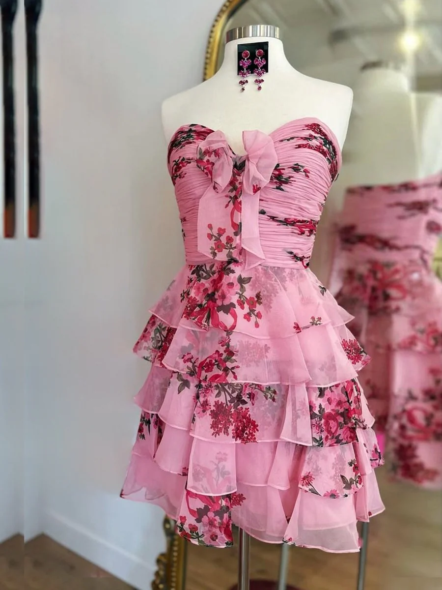 Pink - A-line Strapless Floral Printed Chiffon Ruffles Short Homecoming Dresses