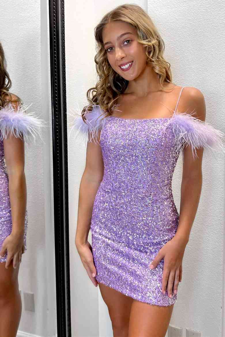 Lilac Bodycon Sequins Mini Party Dresses with Feathers