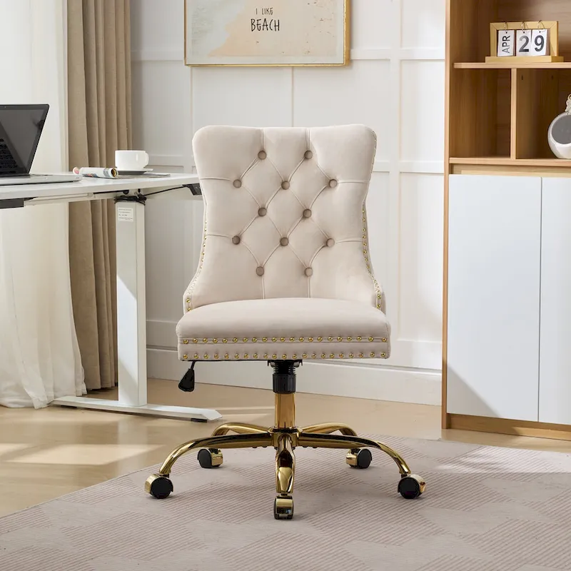 A&A Gray Velvet Tufted Home Office Chair with Golden Metal Base - Adjustable Swivel Desk Chair