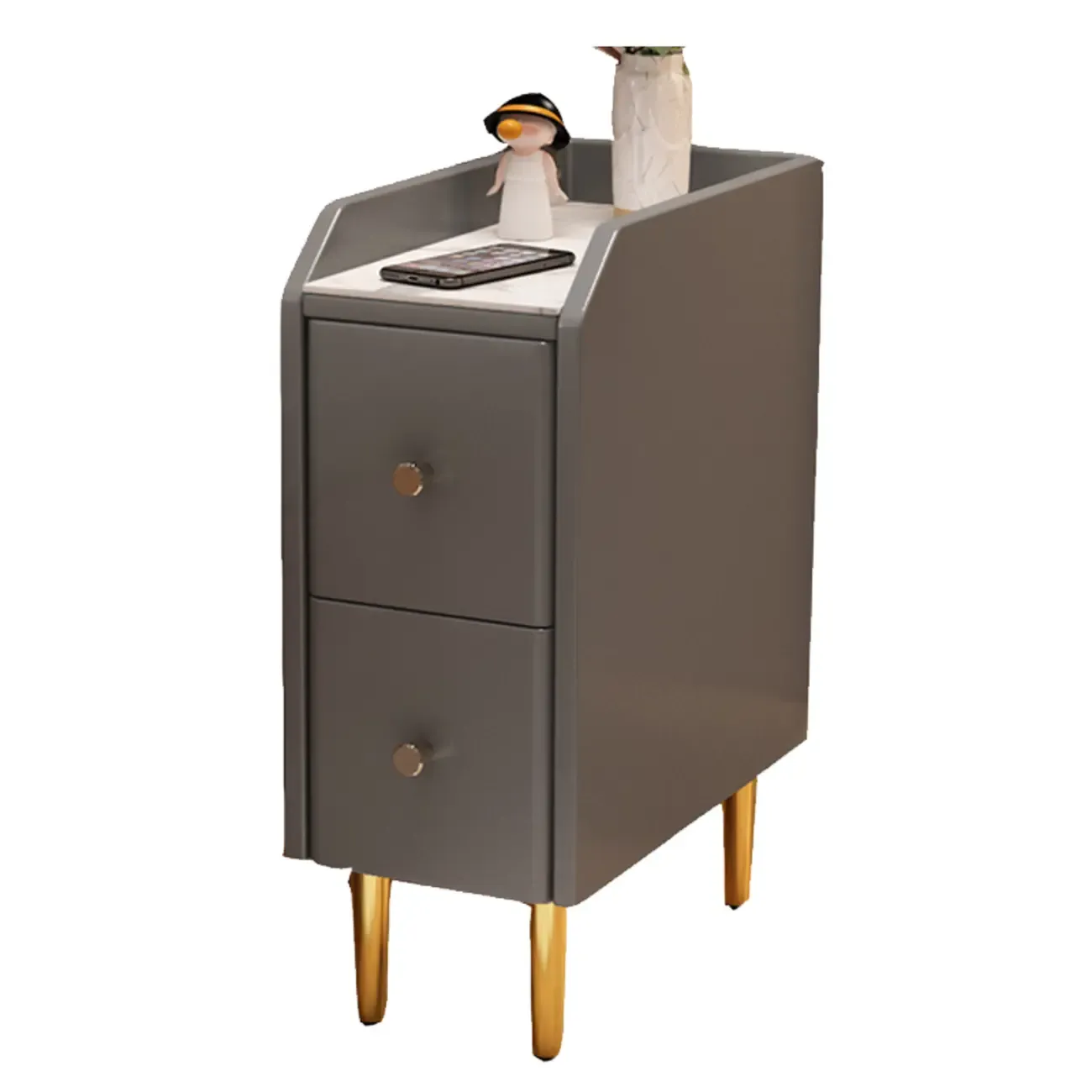 Narrow Faux Leather Drawer Nightstand with Stone Countertop
