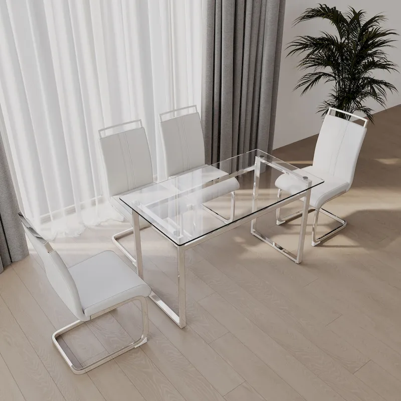 Modern 5-Piece Dining Set with Rectangular Glass Table & High Back Silver-Plated Legs Dining Armless Chairs