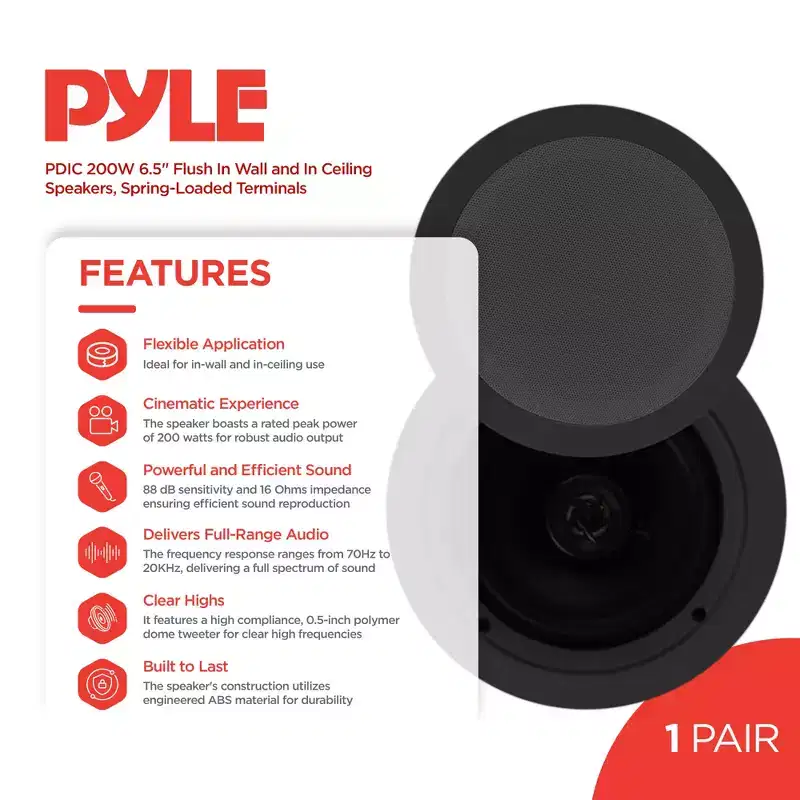 Pyle 1 Pair Speakers, 200W 6.5 Round Flush Mount In Wall/In Ceiling Home Speakers with Spring-Loaded Terminals, PDIC Series, Black (3 Pack)