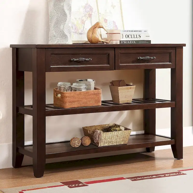 Espresso / Brown / Navy Blue / Antique White Rustic 2-Drawer Console Table, 1-Person Assembly