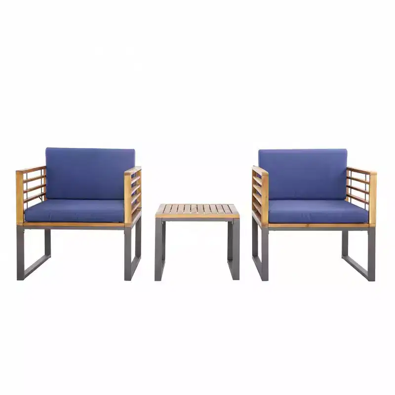 Gymax 3PCS Outdoor Acacia Wood Bistro Set w/ Cushioned Chairs Coffee Table for Patios Balconies Decks Gardens