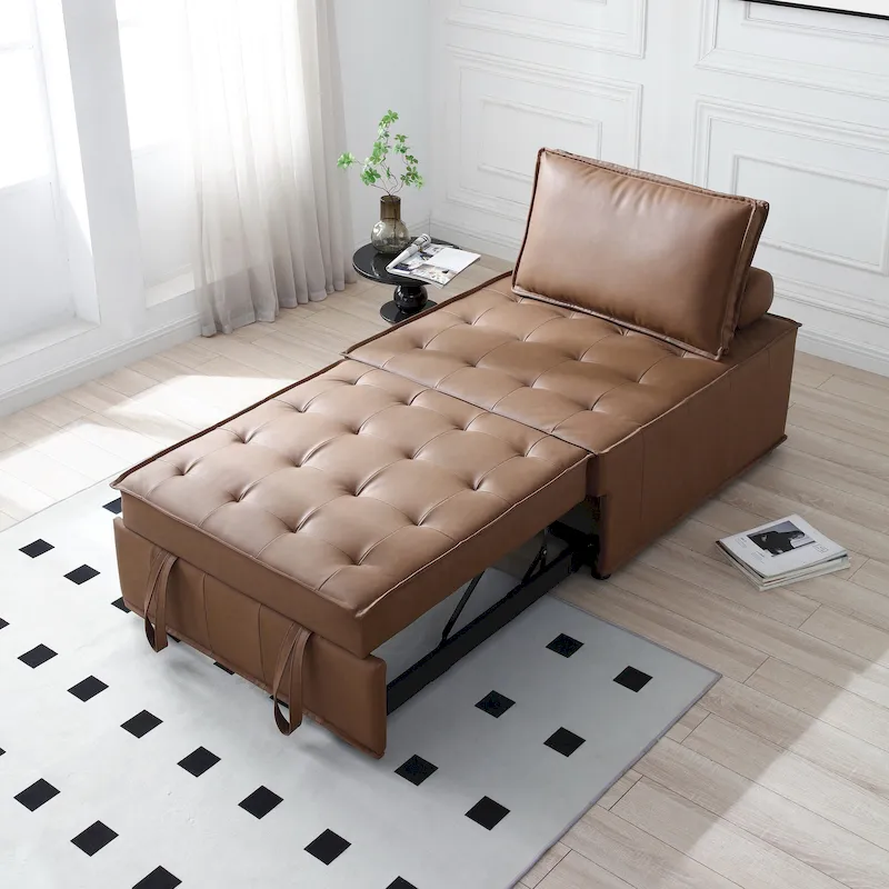 Brown / Dark Grey Faux Leather 3-in-1 Ottoman Sofa Bed, Single