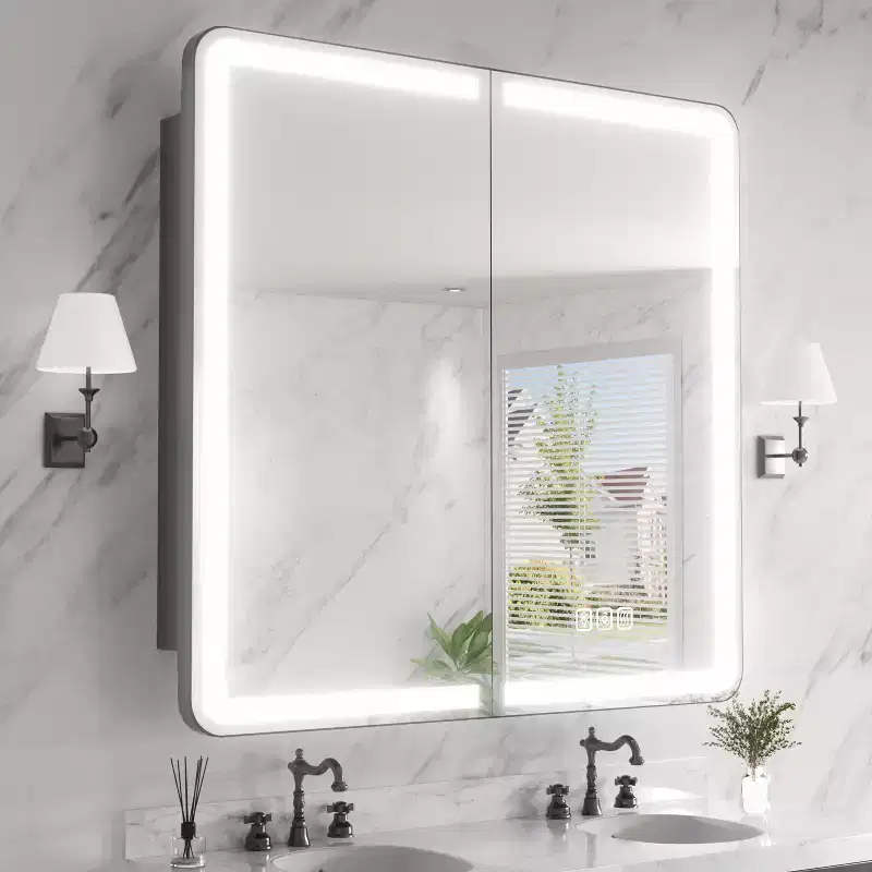 FAMYYT 36 in. W x 32 in. H Rectangular Iron Medicine Cabinet with Mirror, Dimmable LED Light, Anti-Fog and Outlets - Fully Assemble