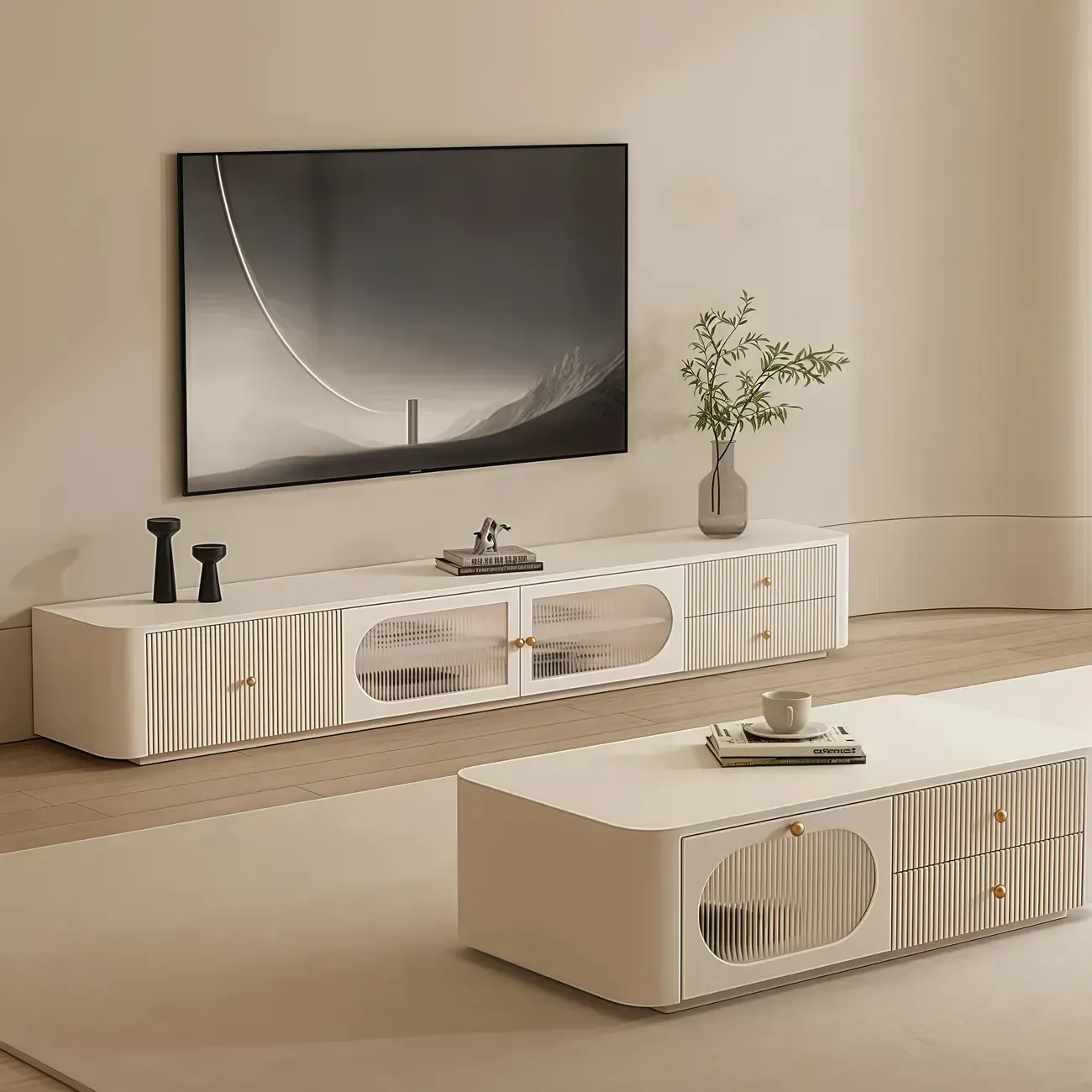 Long Modern White Wooden TV Stand with Drawers