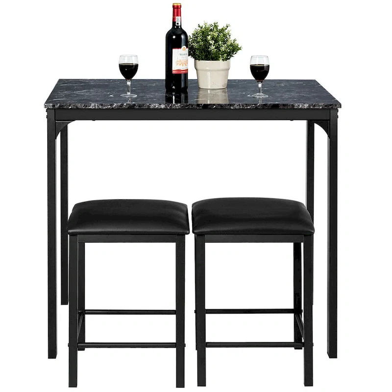 3 Piece Counter Height Dining Set Faux Marble Table 2 Chairs