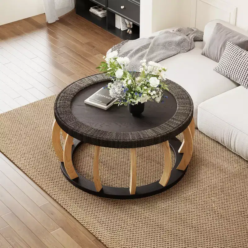 GDFStudio Olumide Bohemian Wooden Round Coffee Table with Curved Legs and Rattan Design