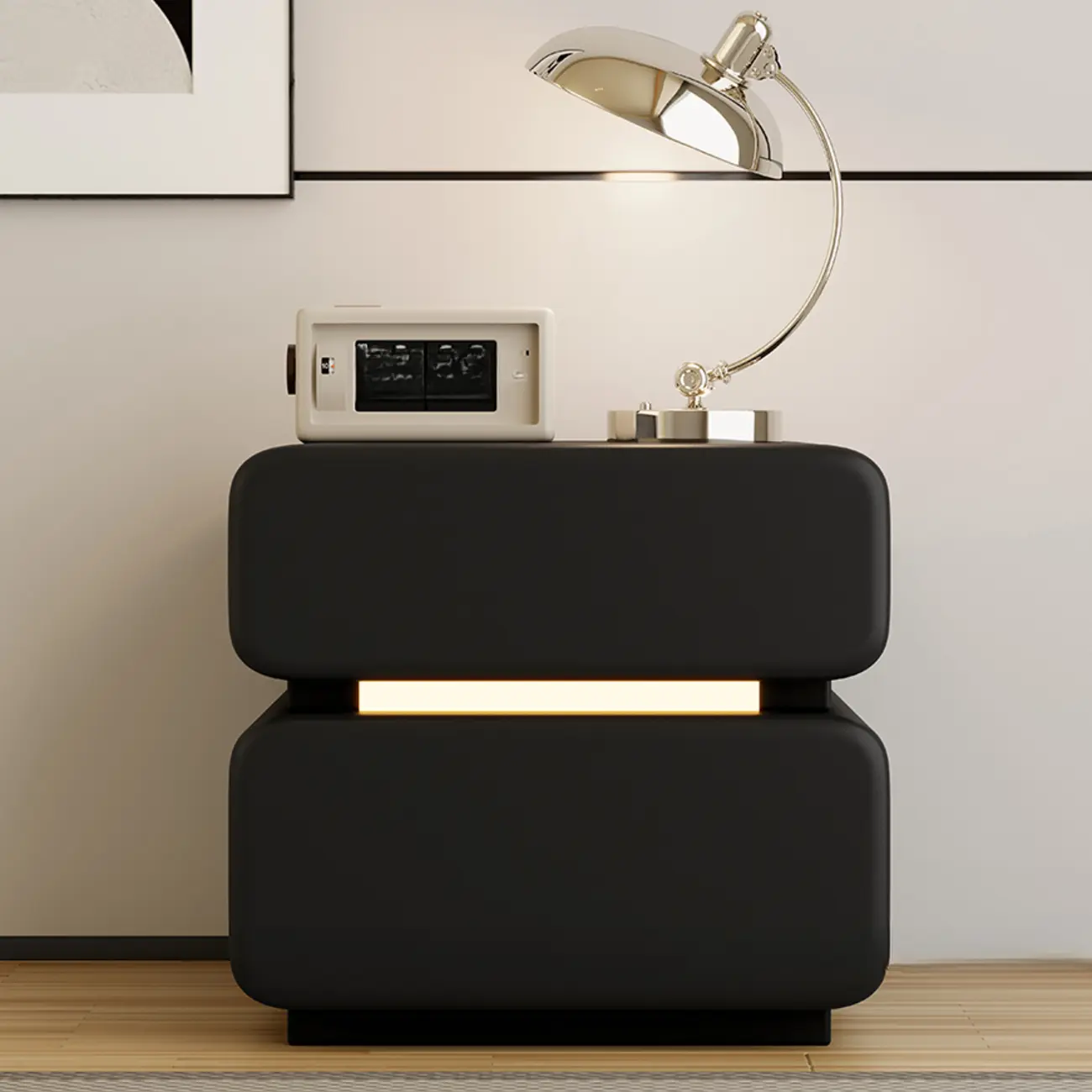 Modern Black Leather Top  2 Drawers Accent Nightstand