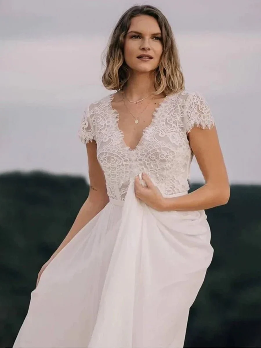 Boho See Through Lace V-Neck A-Line Chiffon Wedding Dress