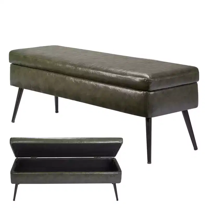 VEVOR Leather Storage Ottoman Bench, PU Leather Bench with Storage and Metal Legs, Upholstered End of Bed Benches, Green