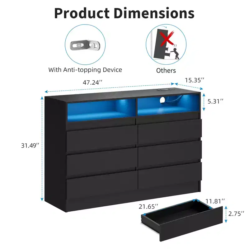 COZONY Modern 6-Drawer Dresser with Ambient Lighting, Storage Chest with Power Access, Floating Design Bedroom Dresser