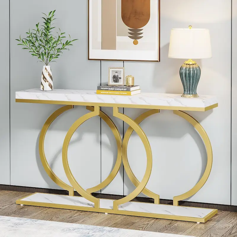 Gold Console Table, 55 inch Faux Marble Entryway Table Narrow Long Sofa Table