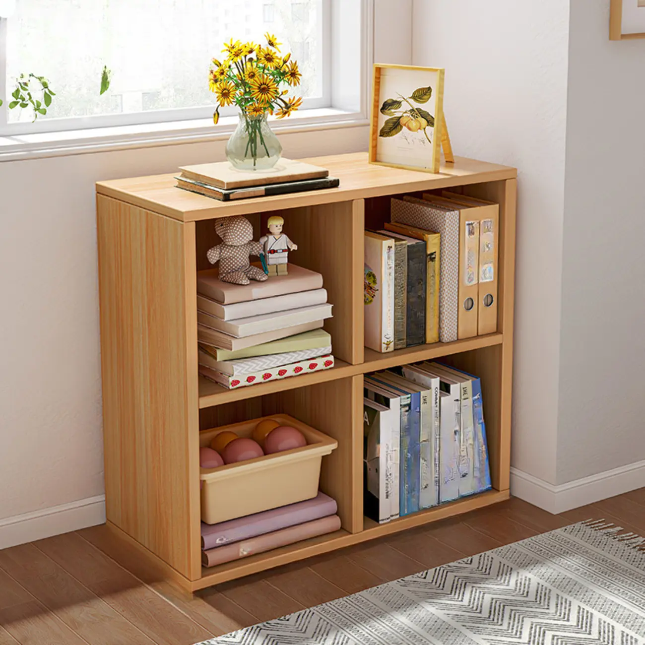 Horizontal Natural Wooden Rectangle Multi-Cube Bookcase