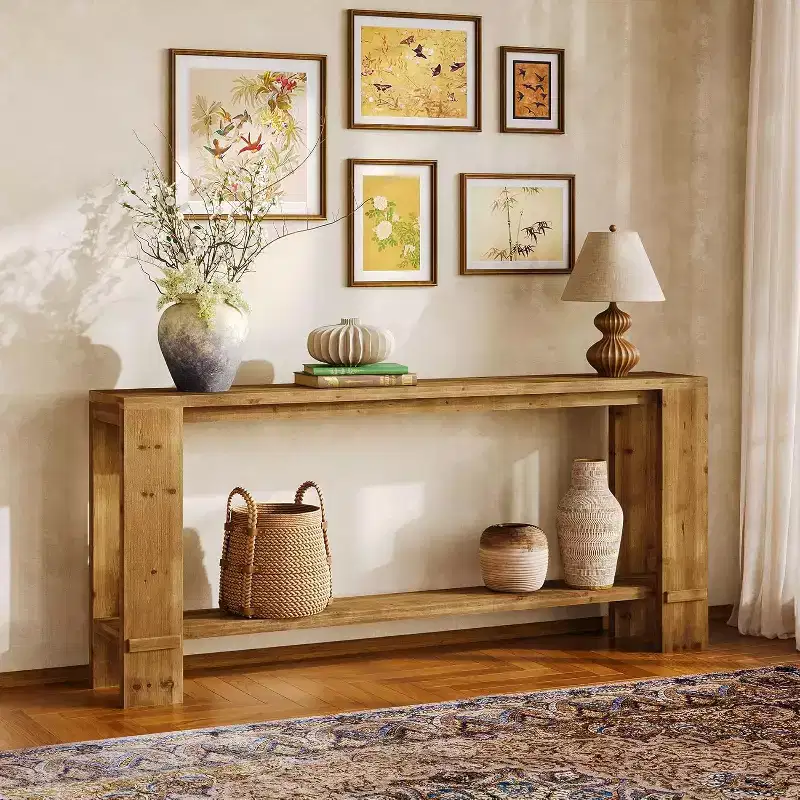 Lantine 70-Inch Solid Wood Console Table, Farmhouse Sofa Table for Behind Couch, Narrow Entryway Table for Living Room, Hallway, Natural Wood Color