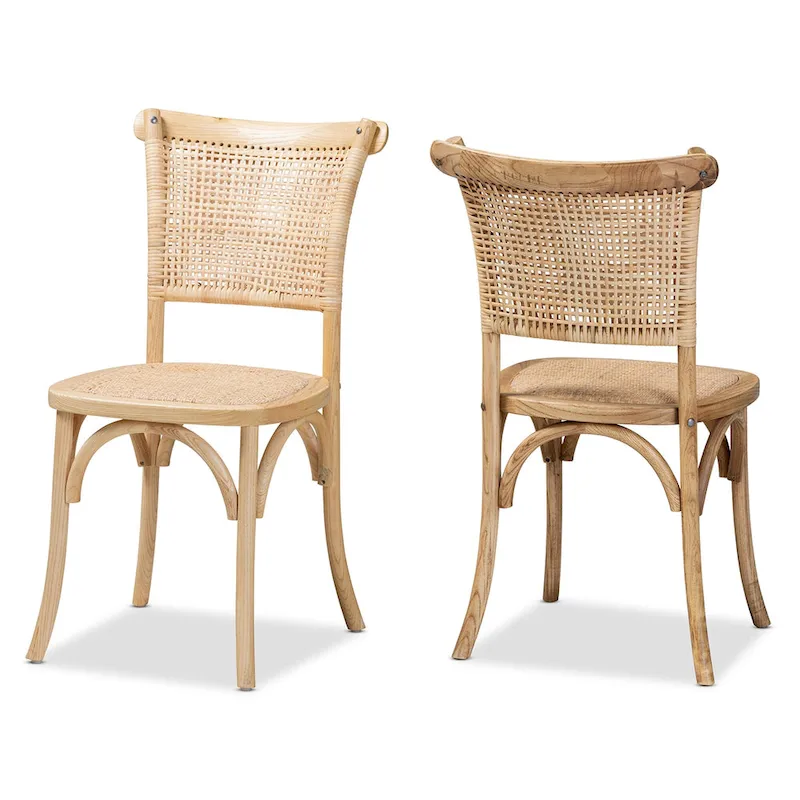 Mid-Century Woven Rattan and Natural Wood Dining Chair Set (2PC)
