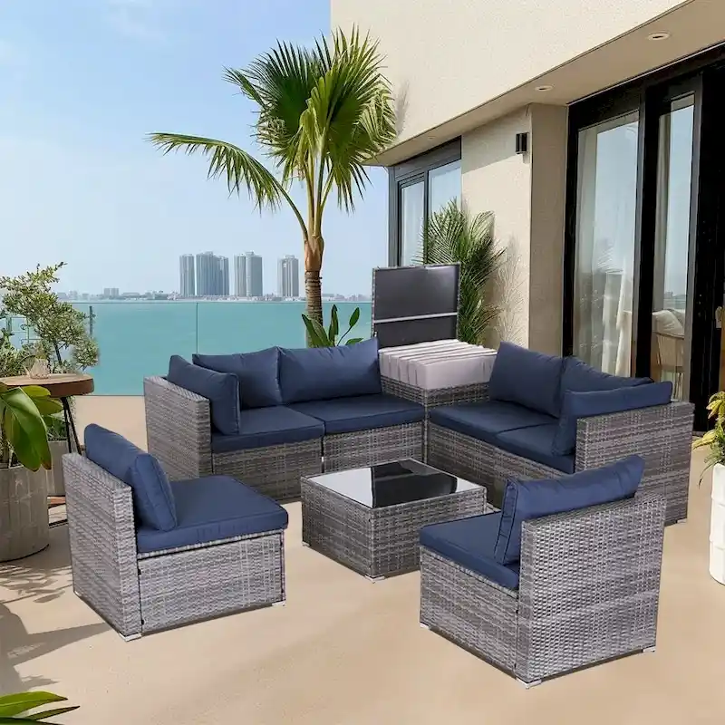 8-Piece Grey&Navy Blue Outdoor Rattan Furniture Sets with 6 Sofas, 1 Coffee Table, Storage Box & Cushions