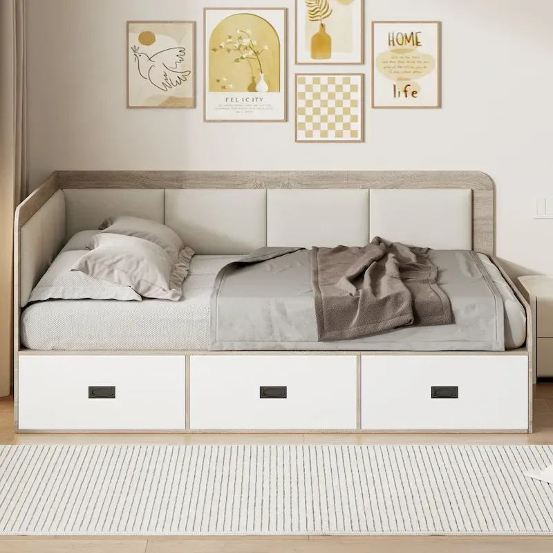 Wooden Daybed Sofa Bed Frame L-Shaped Storage Daybed with 3 Storage Drawers and 3 Built-in Storage Compartments