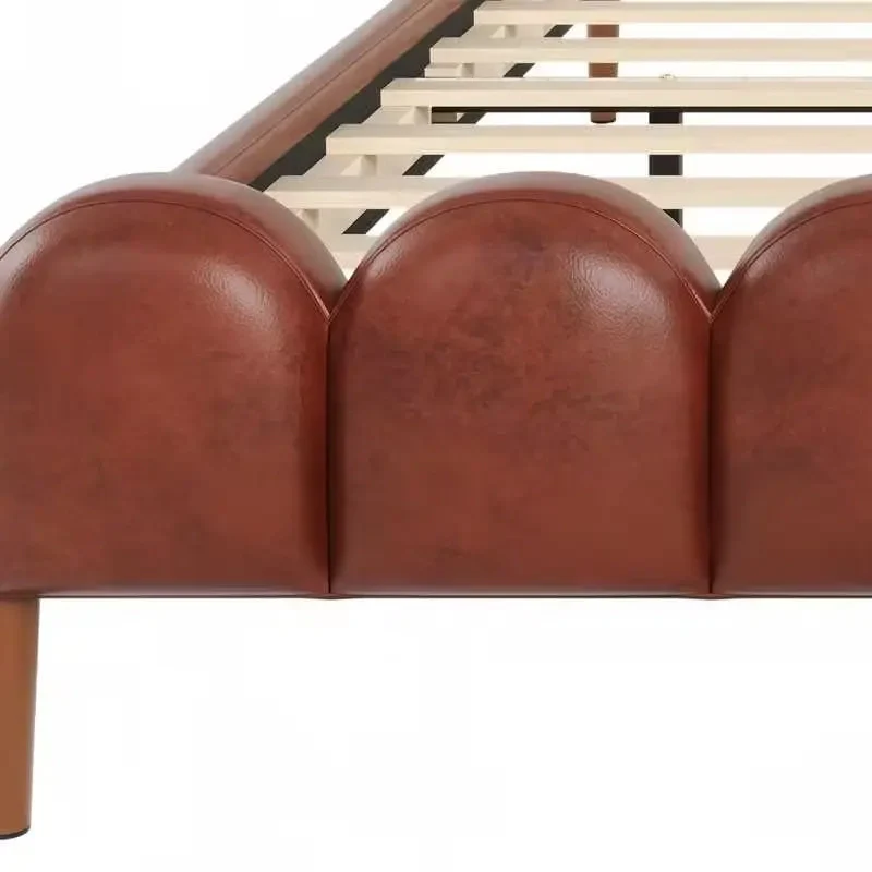 Leather Upholstered Bed with Headboard & Footboard, Solid Wood Slats & Legs